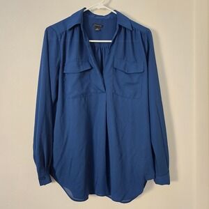 Ann Taylor Camp Shirt Womens Extra Small Blue Blouse Long Sleeve V Neck